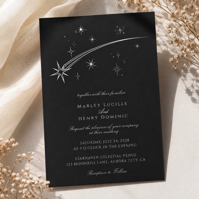 Starry Night Black and White Celestial Wedding Invitation (Creator Uploaded)