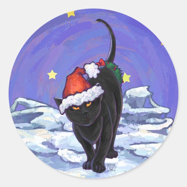 Starry Night Black Cat Christmas Classic Round Sticker (Front)