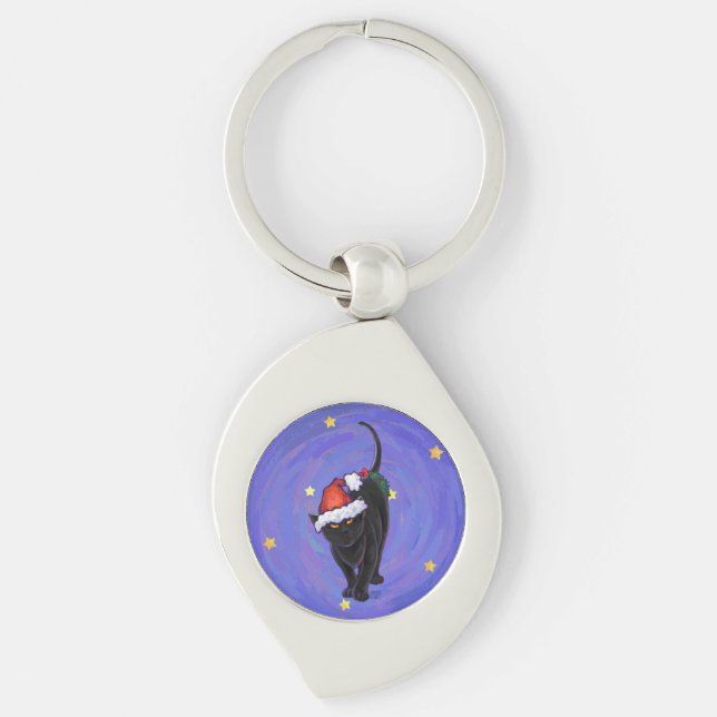 Starry Night Black Cat Christmas Key Ring (Front)