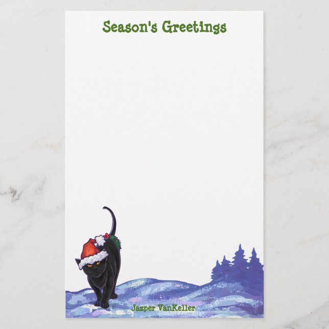 Starry Night Black Cat Christmas Stationery (Front)