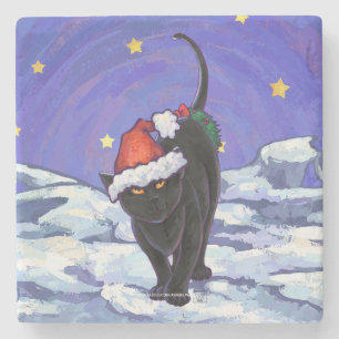 Starry Night Black Cat Christmas Stone Coaster