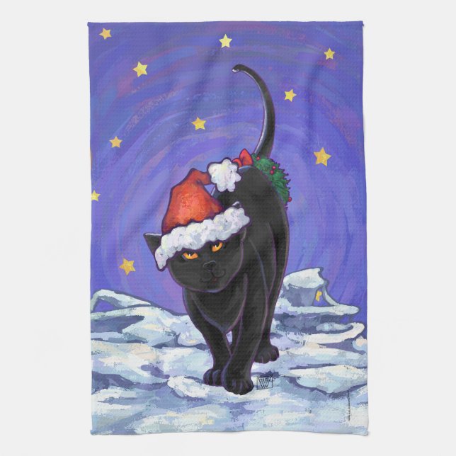 Starry Night Black Cat Christmas Tea Towel (Vertical)
