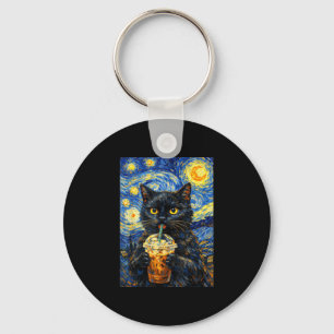 Starry night black cat coffee van gogh style funny key ring