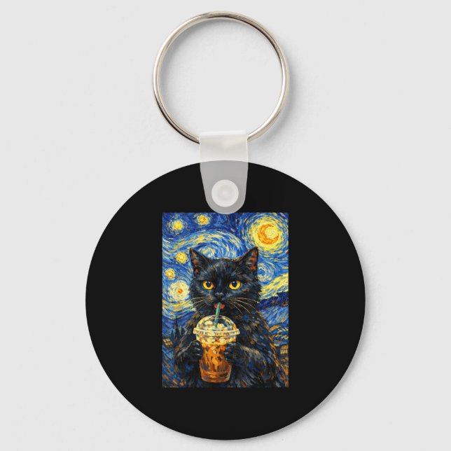 Starry night black cat coffee van gogh style funny key ring (Front)