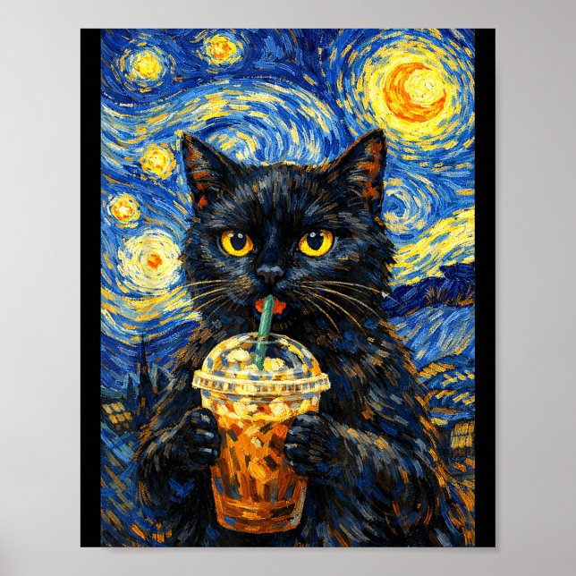 Starry night black cat coffee van gogh style funny poster (Front)