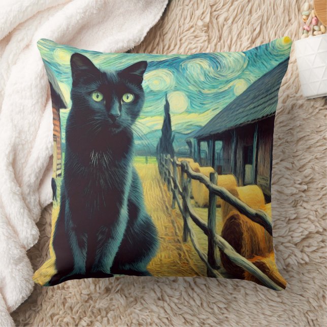 Starry Night Black Cat Green Eyes Cushion (Blanket)