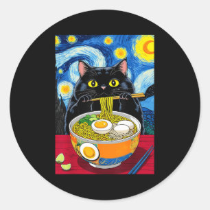 Starry Night Black Fat Cat Ramen Funny Black Fat C Classic Round Sticker