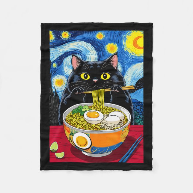 Starry Night Black Fat Cat Ramen Funny Black Fat C Fleece Blanket (Front)