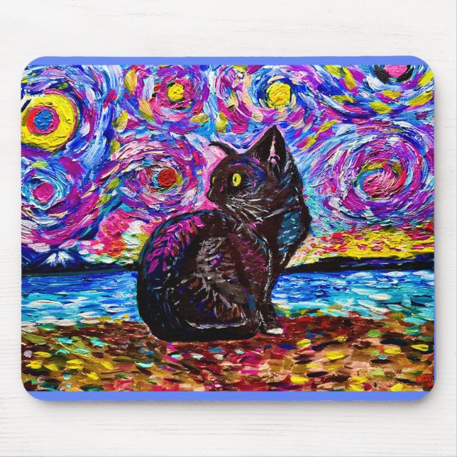 Starry Night Black Kitty Cat Mouse Pad (Front)