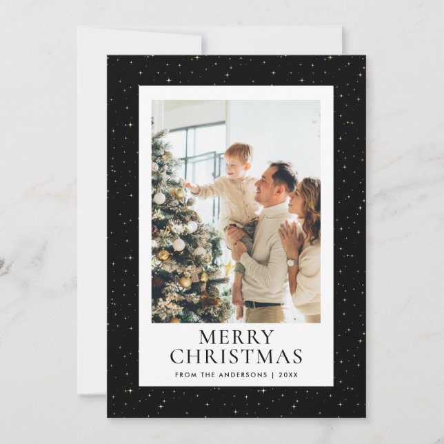 Starry Night Black Photo Merry Christmas Holiday Card (Front)