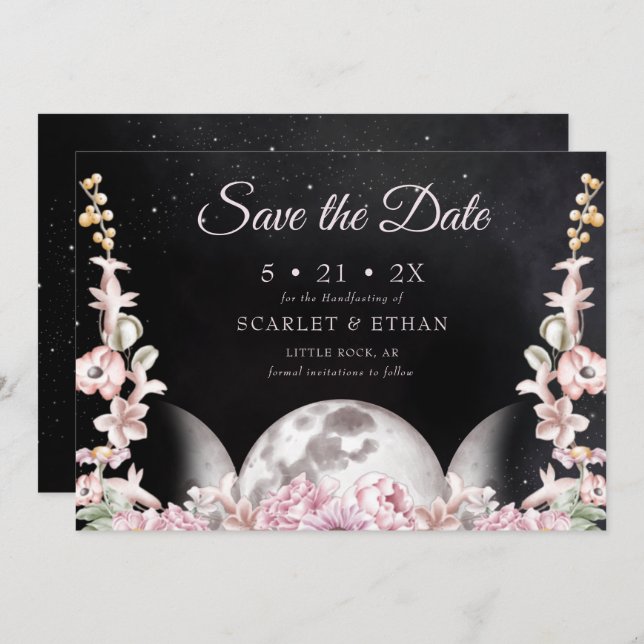 Starry Night Black & Pink Triple Moon Handfasting Save The Date (Front/Back)