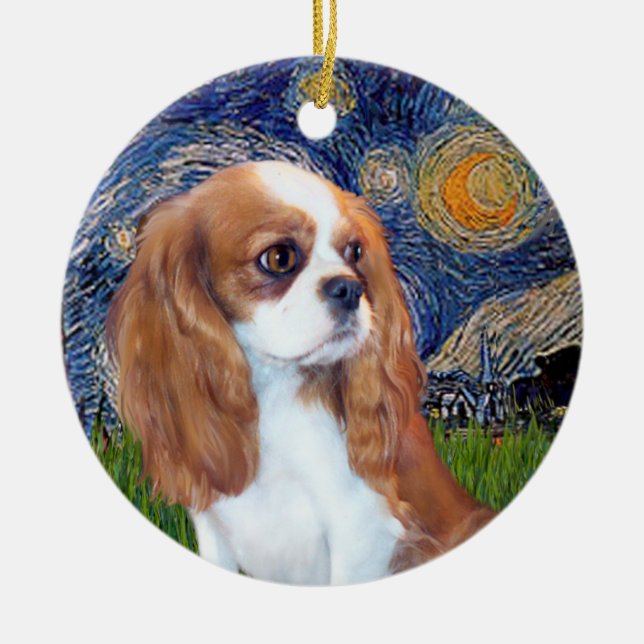 Starry Night - Blenheim Cavalier Puppy Ceramic Tree Decoration (Front)