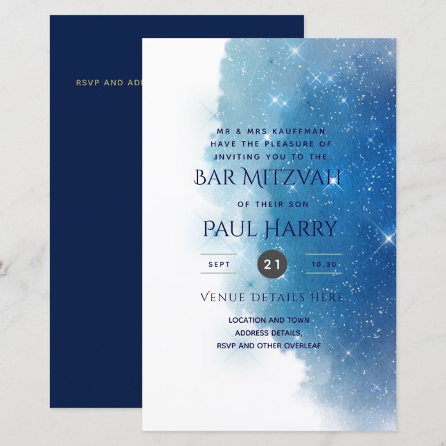 Starry Night Blue Bar Bat Mitzvah Invitations (Front/Back)