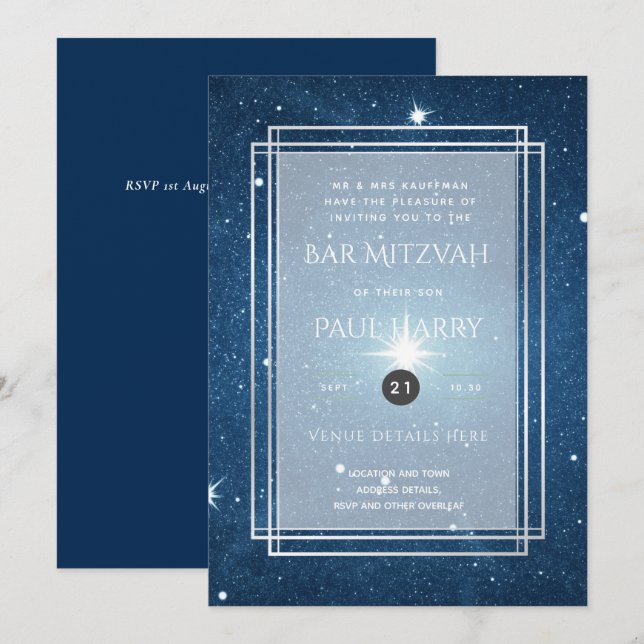 Starry Night Blue Bar Bat Mitzvah Invitations (Front/Back)