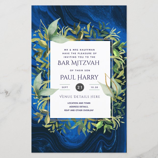 Starry Night Blue Bar Bat Mitzvah Invitations (Front)