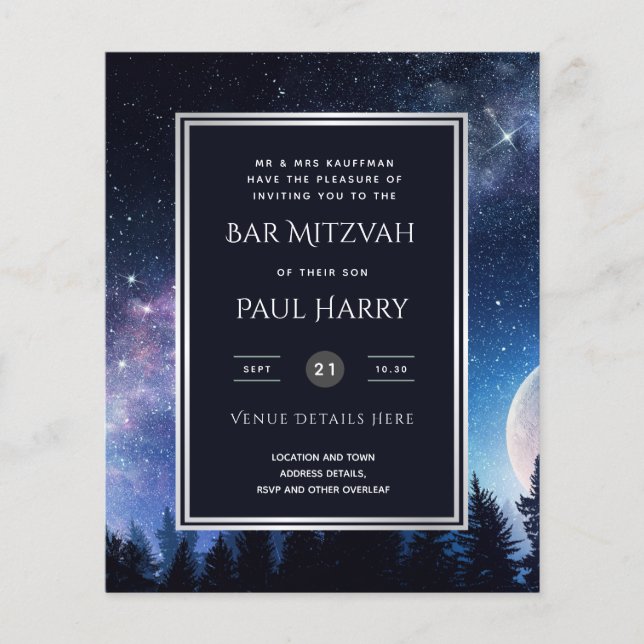 Starry Night Blue Bar Bat Mitzvah Invitations (Front)