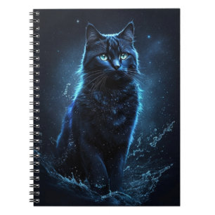 Starry Night Blue Black Cat Splash Art Notebook