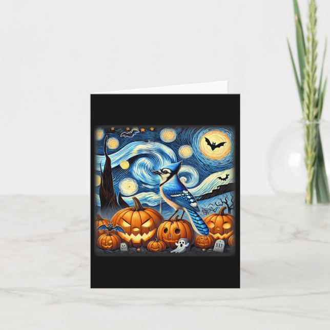 Starry Night Blue Jay Halloween  Card (Front)
