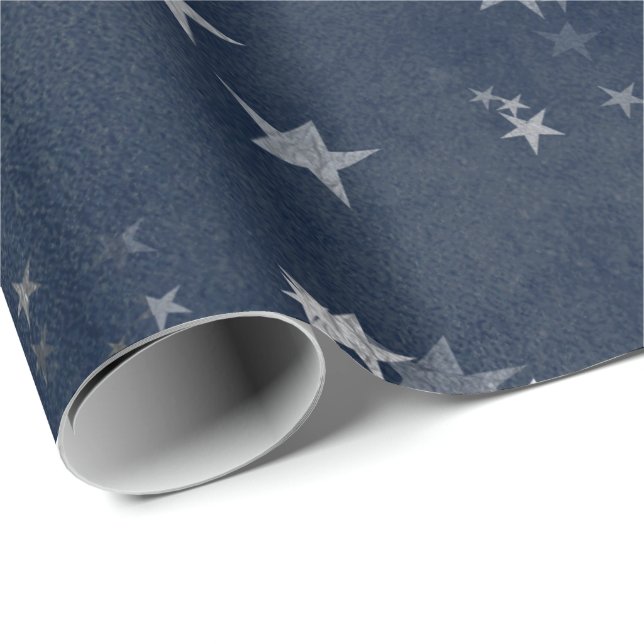 Starry Night Blue Navy Stars Gray Silver Confetti Wrapping Paper (Roll Corner)
