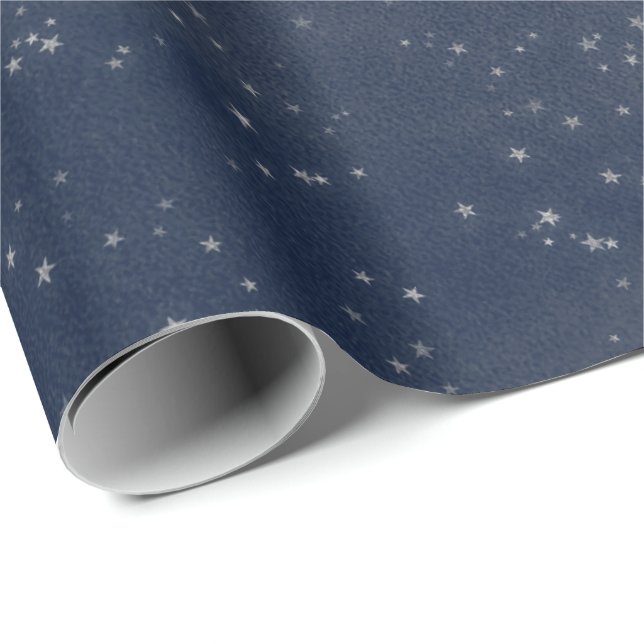 Starry Night Blue Navy White Gray Silver Confetti Wrapping Paper (Roll Corner)
