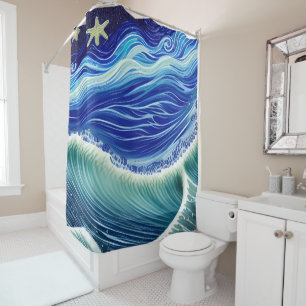 Starry Night Blue Ocean Wave Shower Curtain