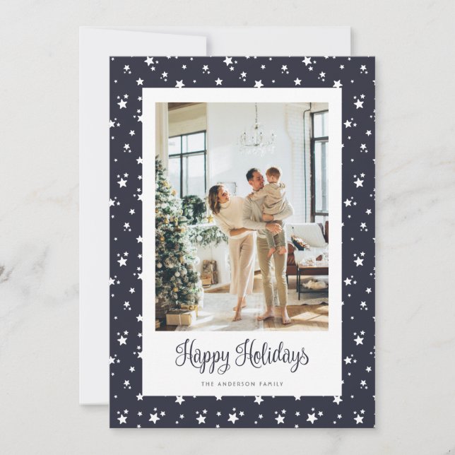 Starry Night Blue Photo Happy Holidays Card (Front)
