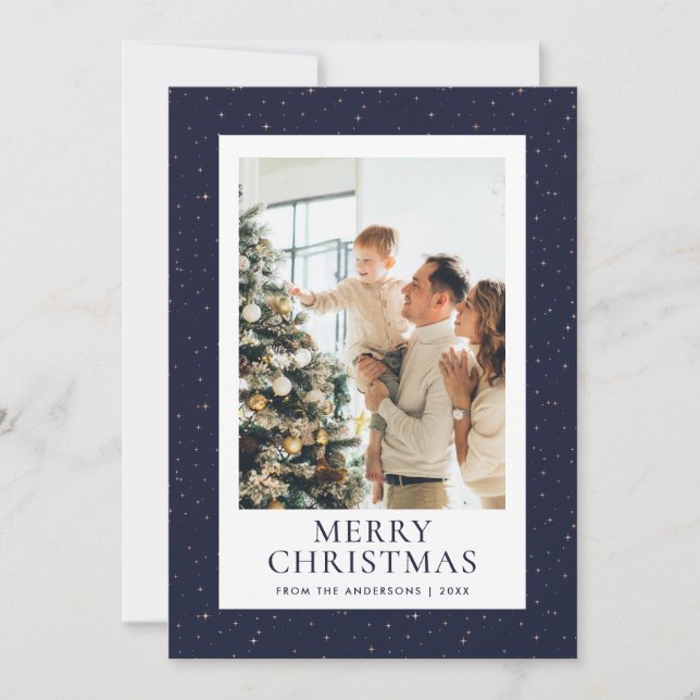 Starry Night Blue Rose Gold Photo Merry Christmas Holiday Card (Front)