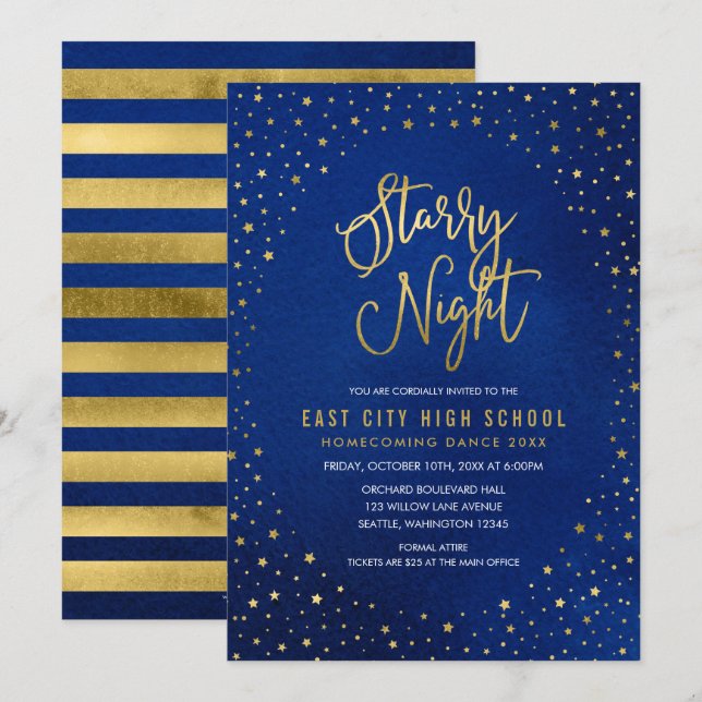 Starry Night Blue Watercolor Faux Gold Scool Dance Invitation (Front/Back)