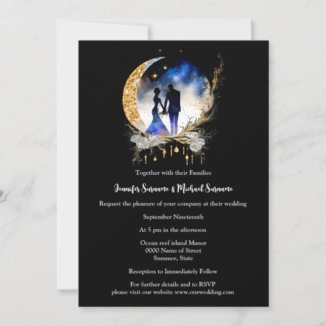 Starry night bridal couple silhouette black blue  invitation (Front)