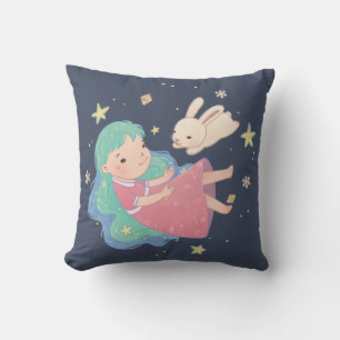 Starry Night Bunny & Girl Illustration Cushion