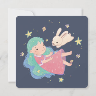 Starry Night Bunny & Girl Illustration Holiday Card