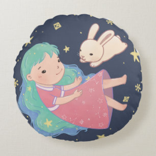 Starry Night Bunny & Girl Illustration Round Cushion