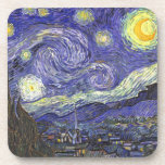 Starry Night by Vincent van Gogh Coaster<br><div class="desc">Starry Night by Vincent van Gogh is a vintage fine art post impressionism landscape cityscape painting featuring a view of Saint Remy, France from van Gogh's asylum. The night sky is swirling with clouds with a bright crescent moon and shining stars over the quaint village. Starry Night is probably van...</div>
