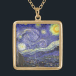 Starry Night by Vincent van Gogh Gold Plated Necklace<br><div class="desc">Starry Night by Vincent van Gogh is a vintage fine art post impressionism landscape cityscape painting featuring a view of Saint Remy, France from van Gogh's asylum. The night sky is swirling with clouds with a bright crescent moon and shining stars over the quaint village. Starry Night is probably van...</div>