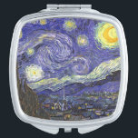 Starry Night by Vincent van Gogh Travel Mirror<br><div class="desc">Starry Night by Vincent van Gogh is a vintage fine art post impressionism landscape cityscape painting featuring a view of Saint Remy, France from van Gogh's asylum. The night sky is swirling with clouds with a bright crescent moon and shining stars over the quaint village. Starry Night is probably van...</div>