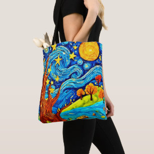 Starry Night Cartoon: Surrealism Inspired Art Tote Bag