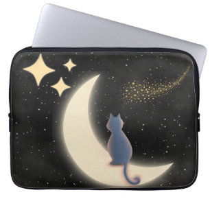 Starry Night Cat and Crescent Moon Laptop Sleeve