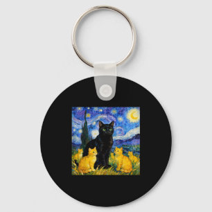 Starry Night Cat Artistic Black Cat & Kittens Key Ring