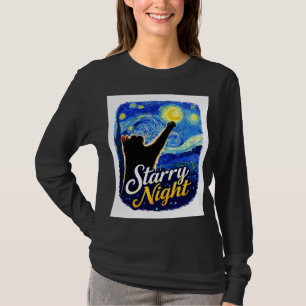 Starry Night Cat – Artistic Black Cat Reaching the T-Shirt