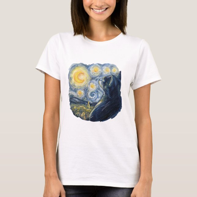 Starry Night Cat Artistic Van Gogh Style Art T-Shirt (Front)