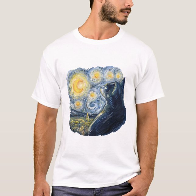 Starry Night Cat Artistic Van Gogh Style Art T-Shirt (Front)