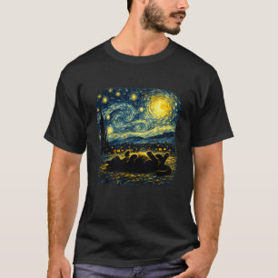 Starry Night Cat Dreaming Under Swirling Sky Cat L T-Shirt