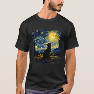 Starry Night Cat Howling at The Moon Under Swirlin T-Shirt