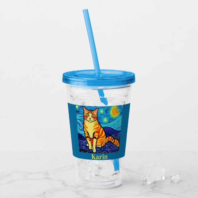 Starry night cat personalised acrylic tumbler (Front Ice)