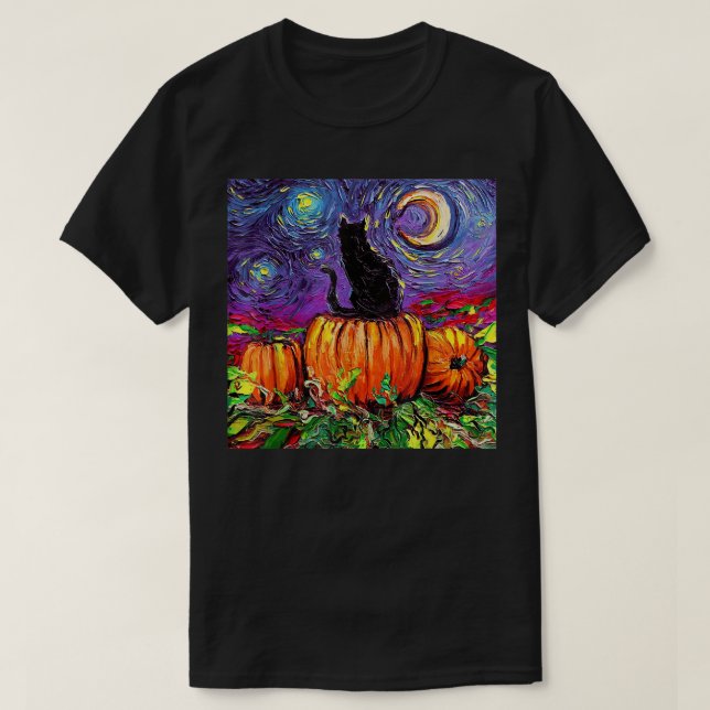 Starry Night Cat Pumpkin Halloween, Van Gogh Cat H T-Shirt (Design Front)