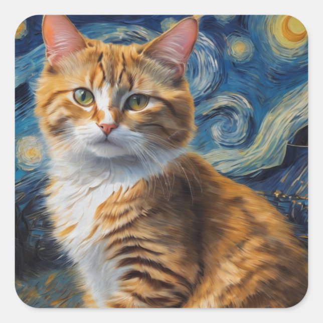 Starry Night Cat Square Sticker (Front)