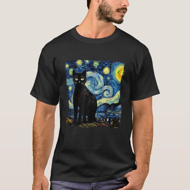 Starry Night Cat Van Gogh Cat Cat Lover Cat Mum Ca T-Shirt (Front)