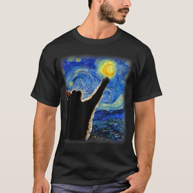 Starry Night Cat, Van Gogh Cat Lover Cat Dad Mum T-Shirt (Front)