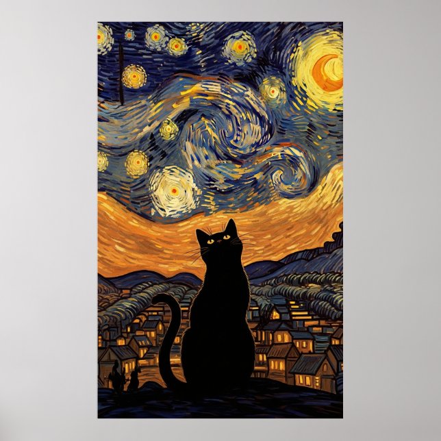 Starry Night Cat Van Gogh Inspired Starry Sky Poster (Front)