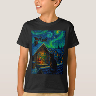 Starry Night Cat Watching Santa Van Gogh Style Chr T-Shirt